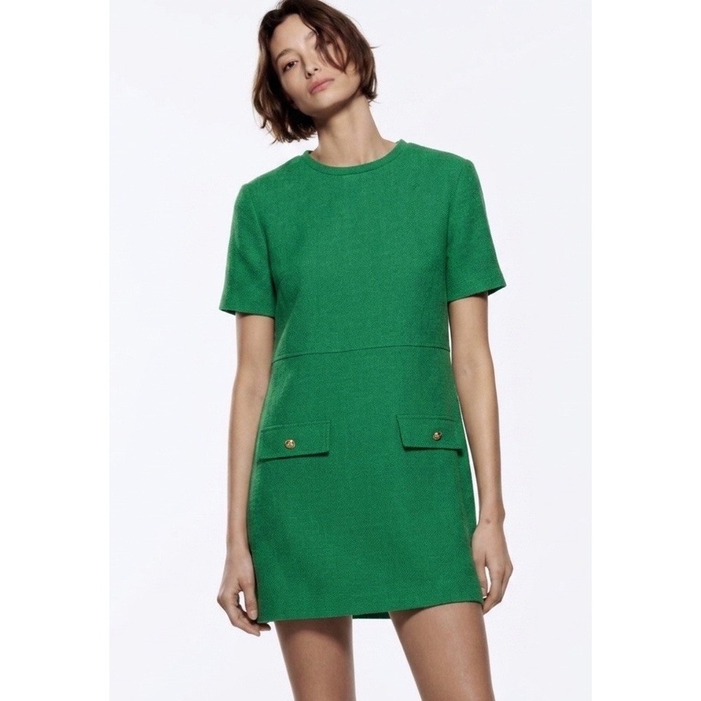 Zara Jackie Shift T Shirt Dress Pockets Green Neutral Basic Modern Size XS